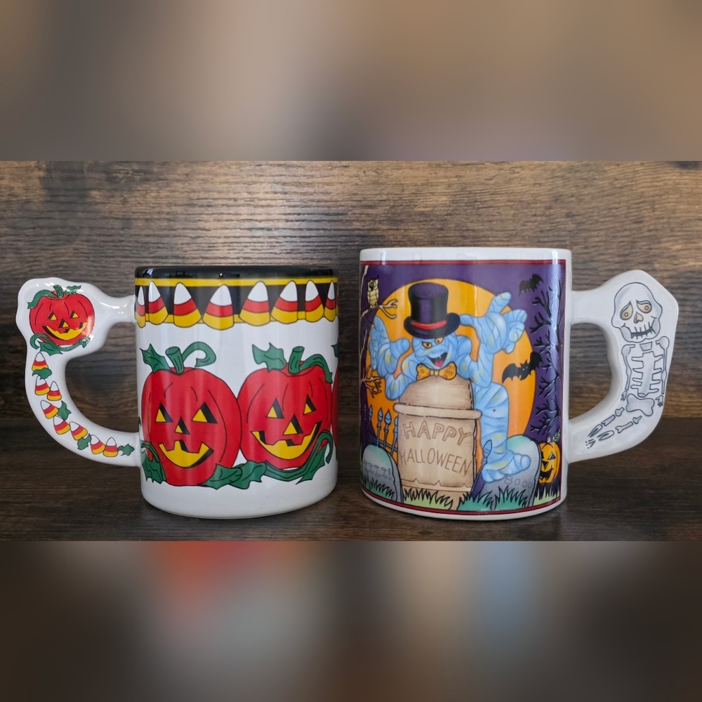 RARE Vintage 90s Halloween Mugs Jack O Lantern Pumpkins Skeleton Handle Spooky